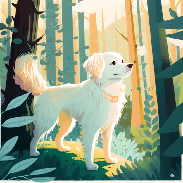 There is a white dog standing in the woods with trees generative ai