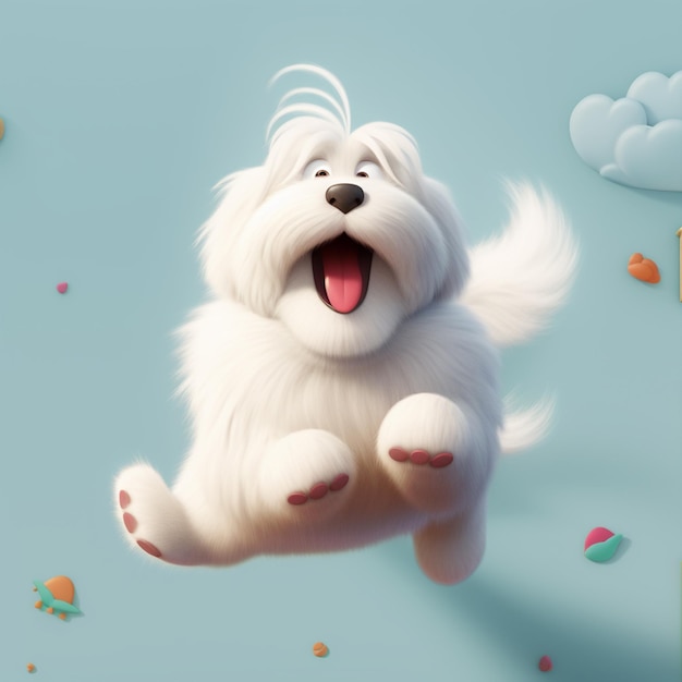 There is a white dog that is flying in the air generative ai