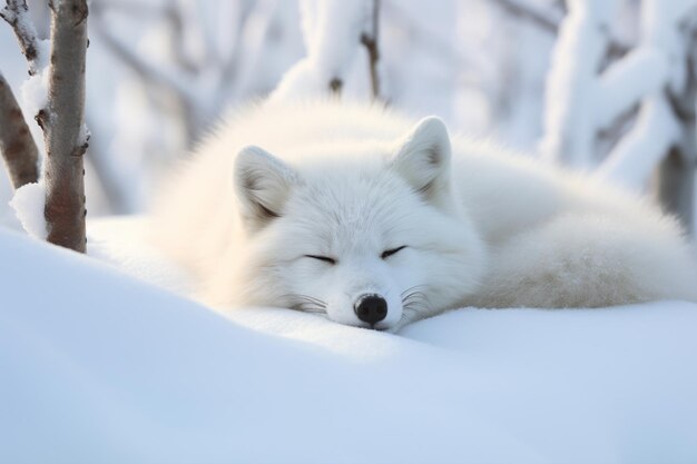 there is a white dog that is laying down in the snow generative ai