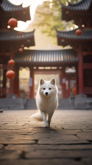 there is a white dog walking in front of a building generative ai