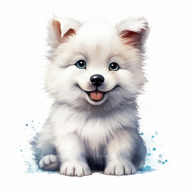 There is a white dog with blue eyes sitting down generative ai