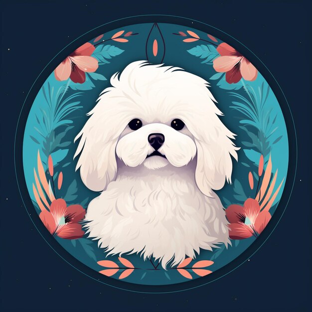 Photo there is a white dog with a flower wreath around it generative ai