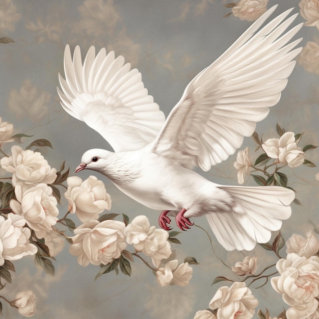 There is a white dove flying over a bunch of white flowers generative ai