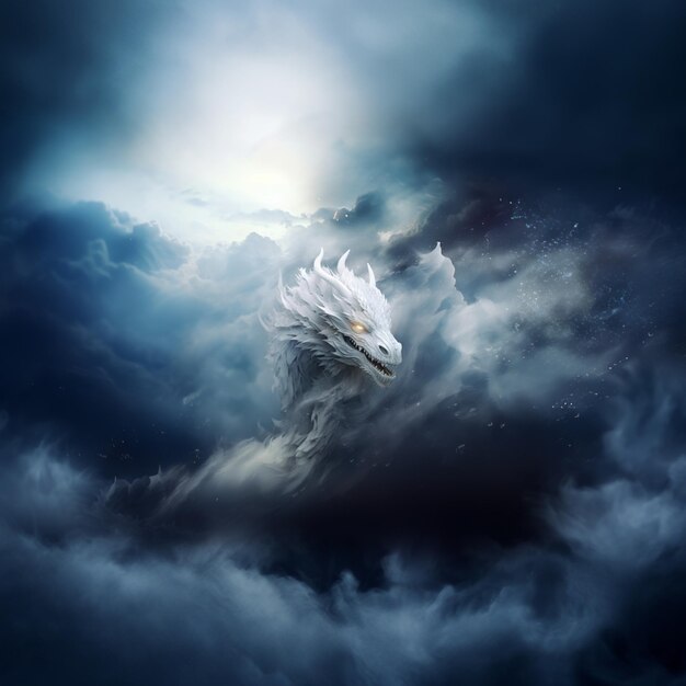 There is a white dragon flying through the clouds in the sky generative ai