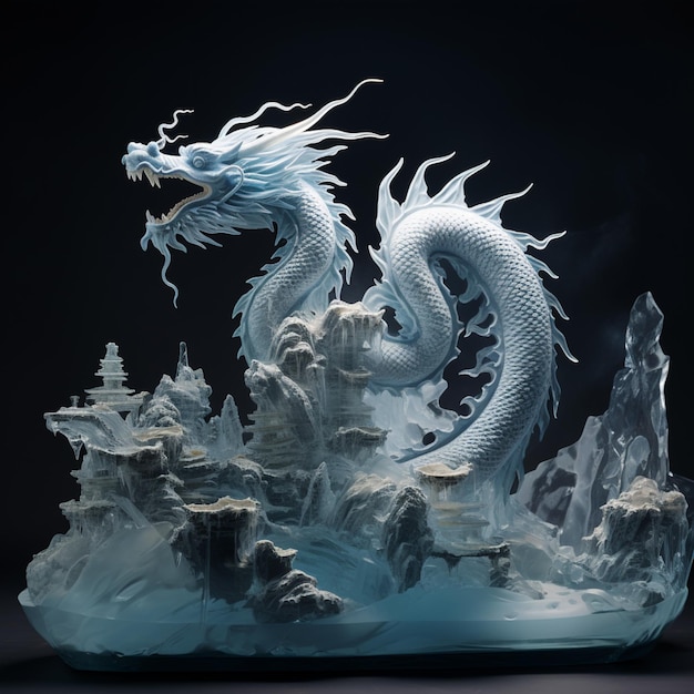 There is a white dragon statue on a rock with a castle in the background generative ai