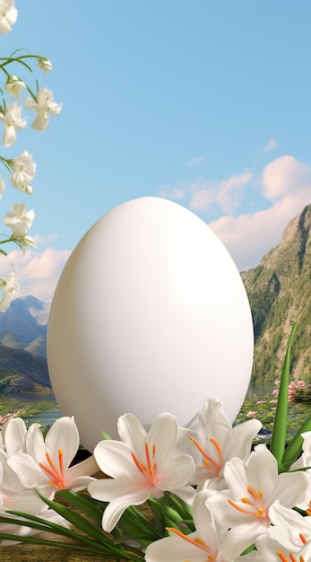 there is a white egg sitting on a field of flowers generative ai