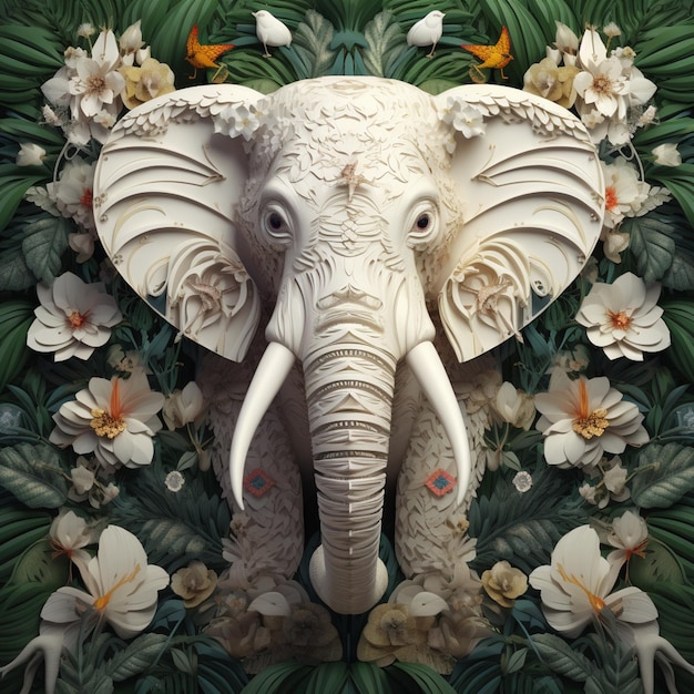 there is a white elephant with tusks and flowers on it generative ai