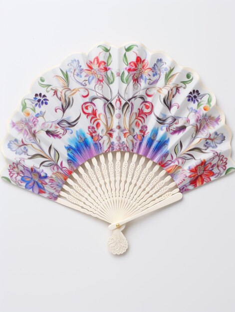 Photo there is a white fan with a colorful floral design on it generative ai