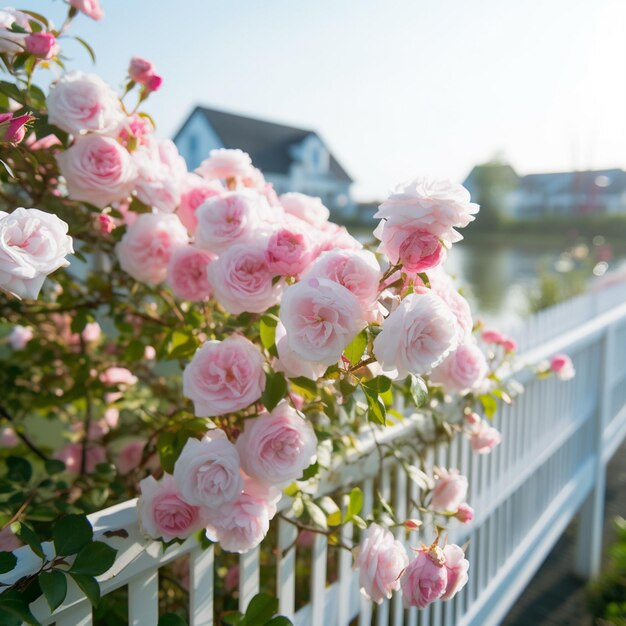 There is a white fence with pink flowers on it generative ai