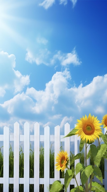 There is a white fence with a sunflower in the foreground generative ai