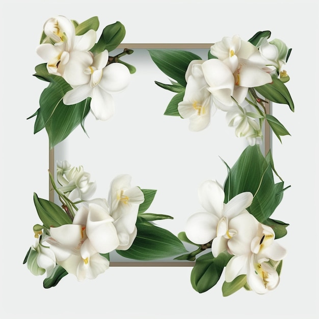 There is a white flower frame with green leaves and flowers generative ai