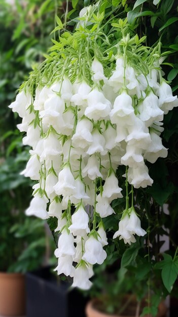 Foto c'è un fiore bianco appeso a un albero in un giardino generativo ai