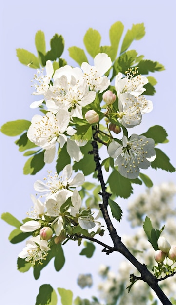 Foto c'è un fiore bianco su un ramo di albero con foglie verdi generativo ai
