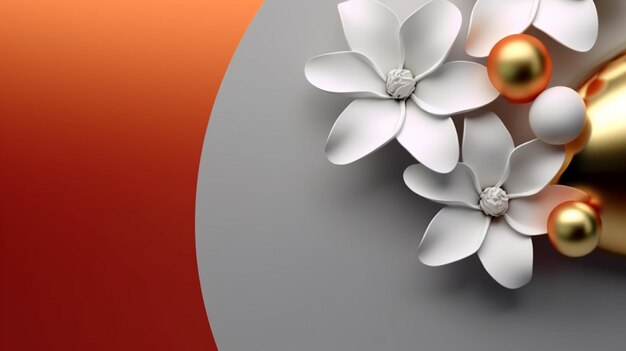 There is a white flower with gold balls on a gray background generative ai