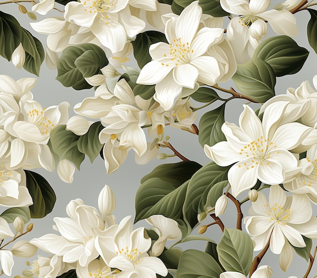 there is a white flower with green leaves on a gray background generative ai
