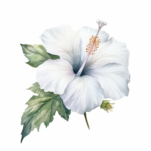 There is a white flower with green leaves on a white background generative ai