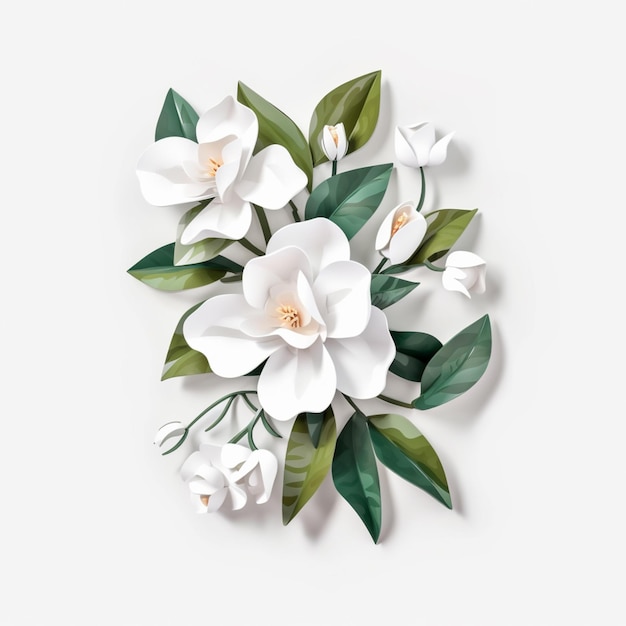 There is a white flower with green leaves on a white background generative ai