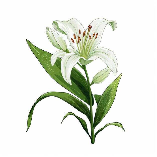 there is a white flower with green leaves on a white background generative ai