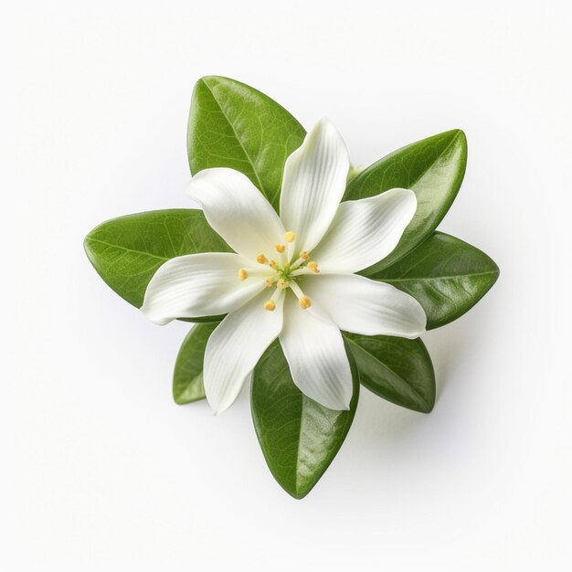 There is a white flower with green leaves on a white surface generative ai