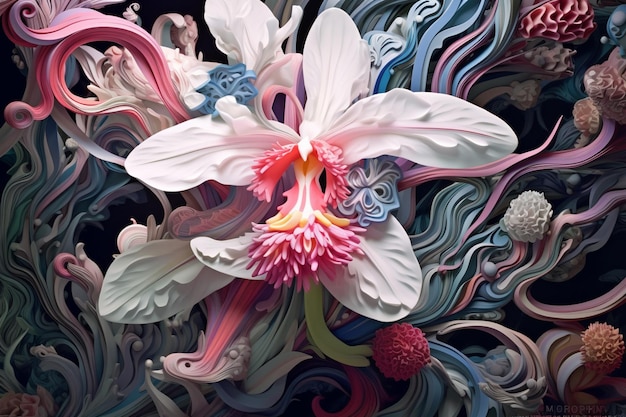 There is a white flower with pink petals on a colorful background generative ai