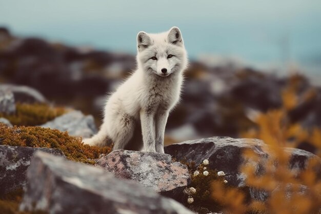 there is a white fox sitting on a rock in the wild generative ai