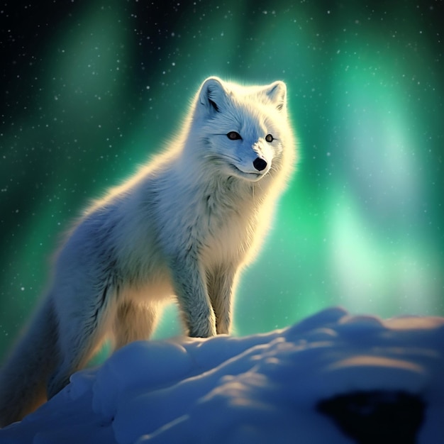 there is a white fox standing on a snowy hill with the aurora lights in the background generative ai