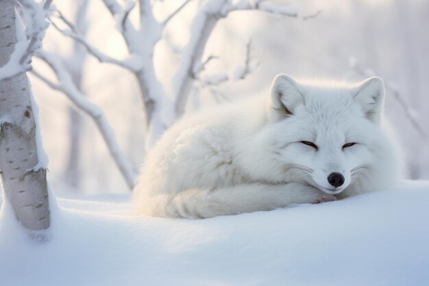there is a white fox that is laying down in the snow generative ai