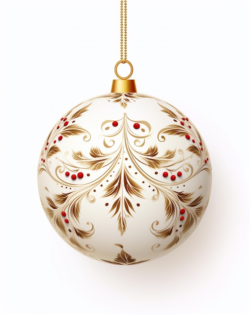 there is a white and gold christmas ball with red berries generative ai