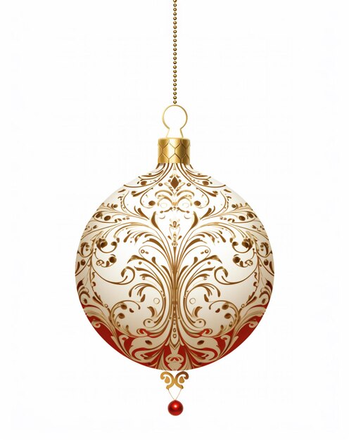 there is a white and gold christmas ornament hanging from a chain generative ai