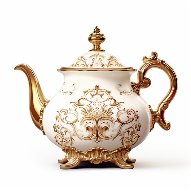 Photo there is a white and gold tea pot with a gold handle generative ai