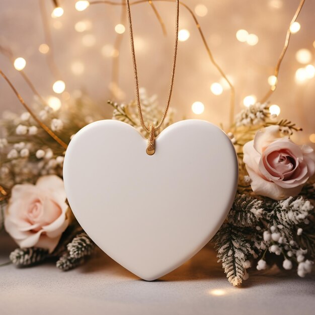 Photo there is a white heart shaped ornament with flowers and lights in the background generative ai