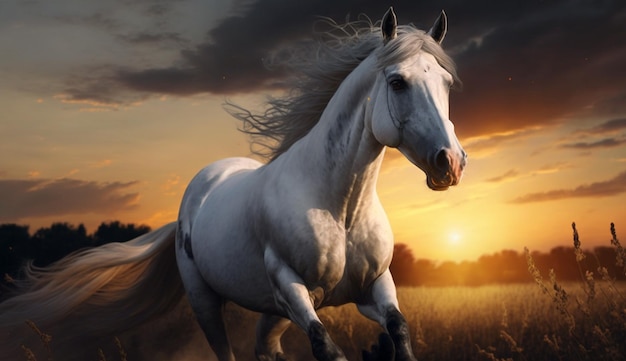 There is a white horse running in a field at sunset AI Generative