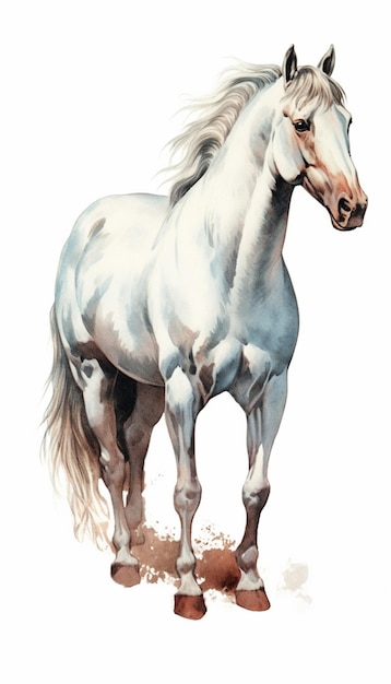 There is a white horse standing in the dirt on a white background generative ai