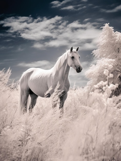 Photo there is a white horse standing in a field of tall grass generative ai