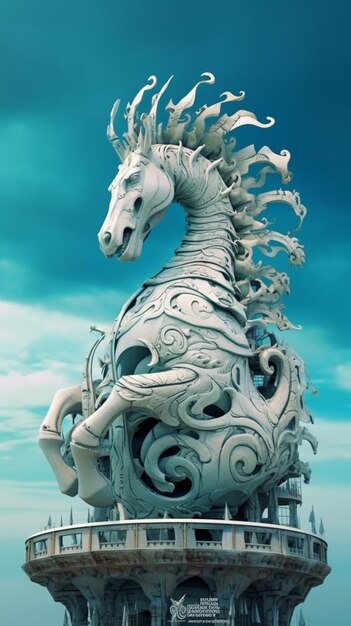 There is a white horse statue on top of a building generative ai