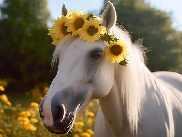 頭に花の冠をかぶった白い馬がいます