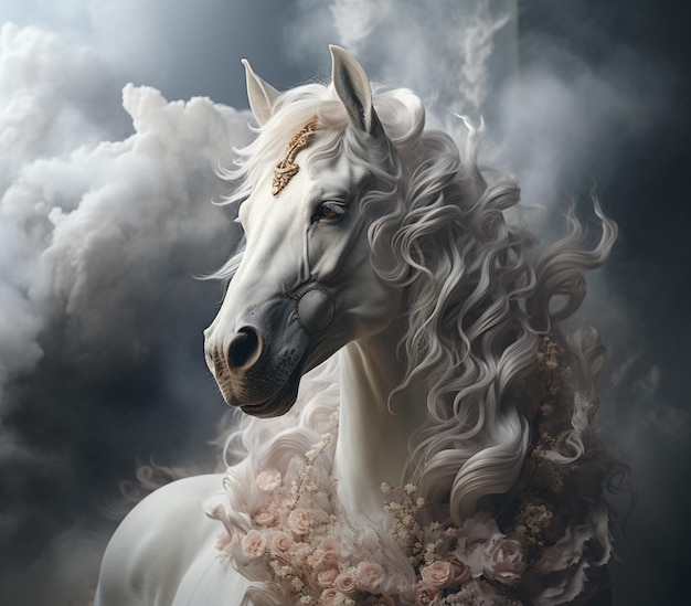 長いたてがみと花の首輪を持つ白い馬がいます。生成 ai