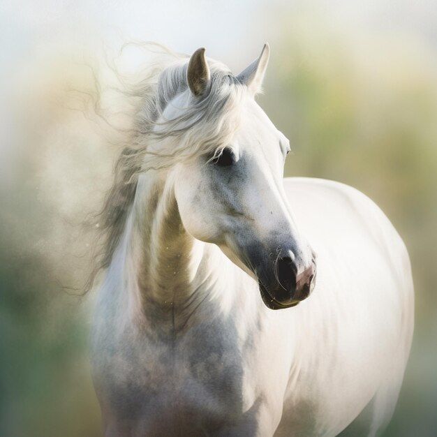 There is a white horse with a long mane standing in a field AI Generative