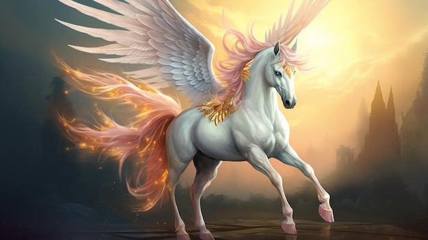 Там белая лошадь с розовыми волосами и крыльями на ней