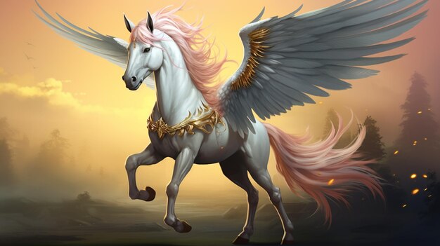 there is a white horse with pink hair and wings on it generative ai