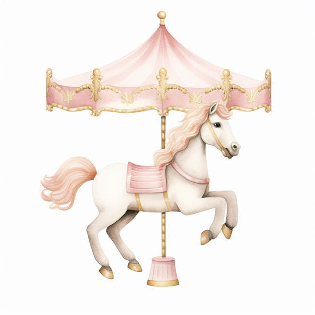 there is a white horse with pink mane and a pink and gold carousel generative ai