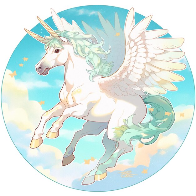 there is a white horse with wings flying through the sky generative ai