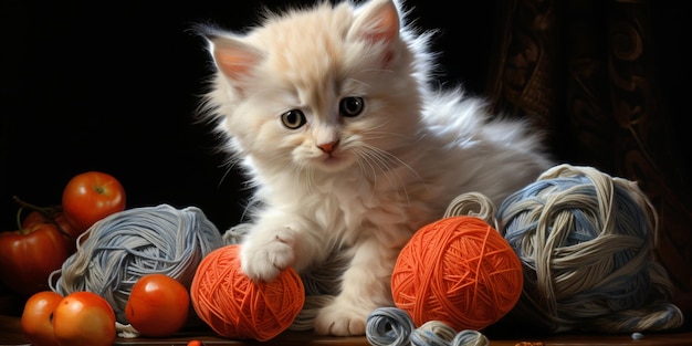 There is a white kitten sitting on a table with balls of yarn generative ai