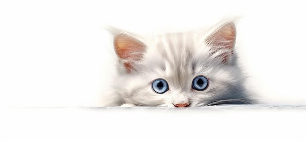 there is a white kitten with blue eyes looking over a wall generative ai