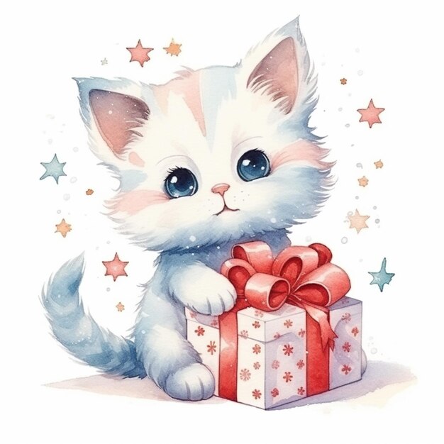 there is a white kitten with blue eyes sitting next to a gift generative ai