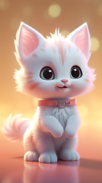 There is a white kitten with a pink collar sitting on a table generative ai