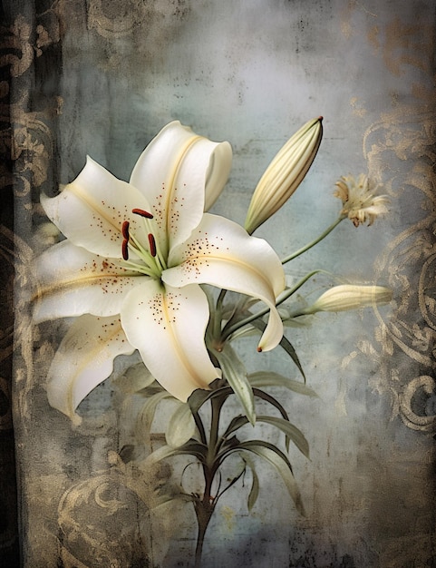 There is a white lily with a red center in a vase generative ai