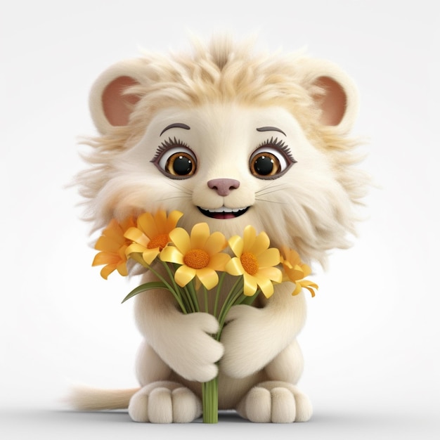 There is a white lion holding a bunch of yellow flowers generative ai