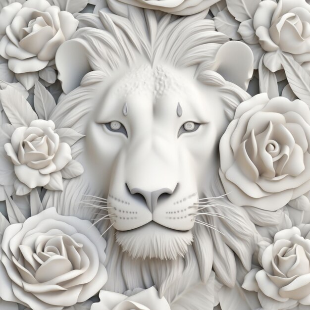 Photo there is a white lion surrounded by white roses on a wall generative ai