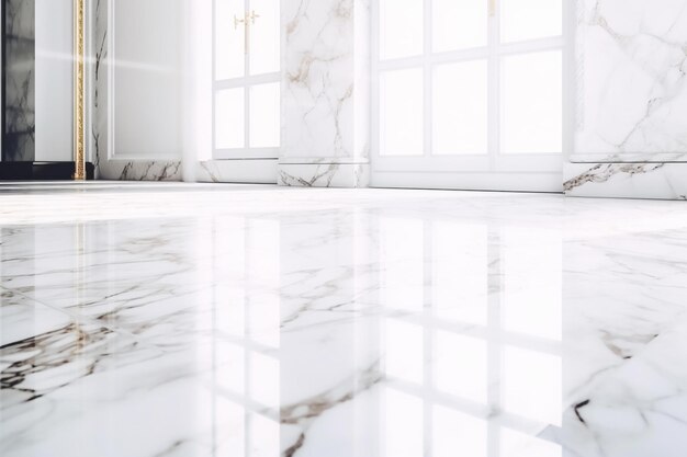 Photo there is a white marble floor with a gold frame in the corner generative ai